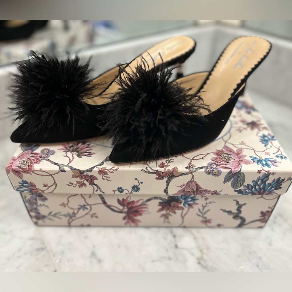 New Nicola Bathie x Antonio Melani Black Feather Heels Mule Pearl 7 with box